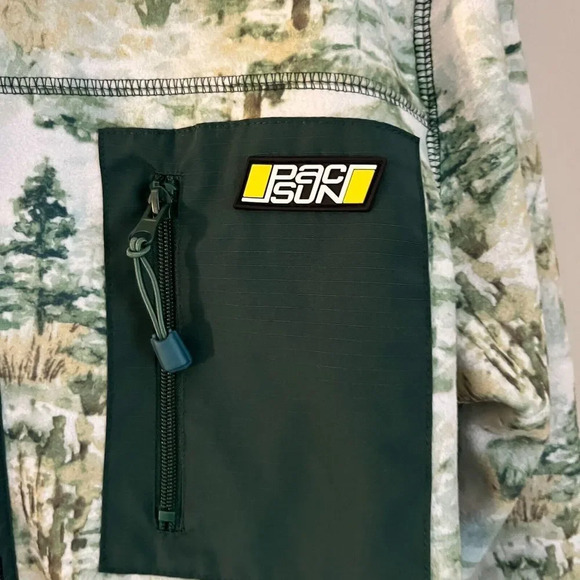 Pacsun Mens Green White Full Zip Jacket Medium Scenic Polar Fleece Forest Trees - Picture 7 of 13